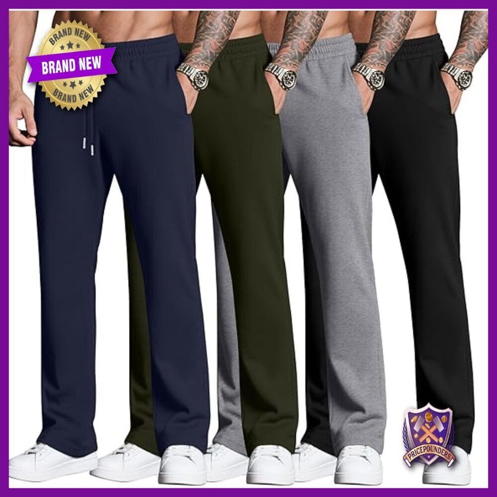 4 Pack Men's Sweatpants Joggers with Pockets Open Bottom Athletic Gym Pants